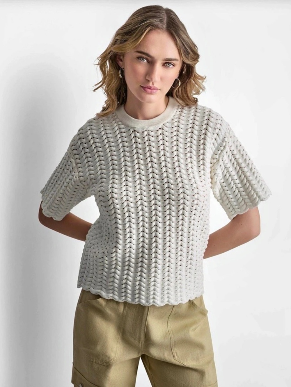 DKNY Coconut Open Lattice Knit Short Sleeve Sweater L NWT